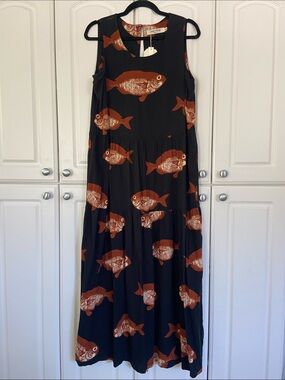 NWT Nice Things from Spain Black Maxi Linen Dress with Rust Fish Print
